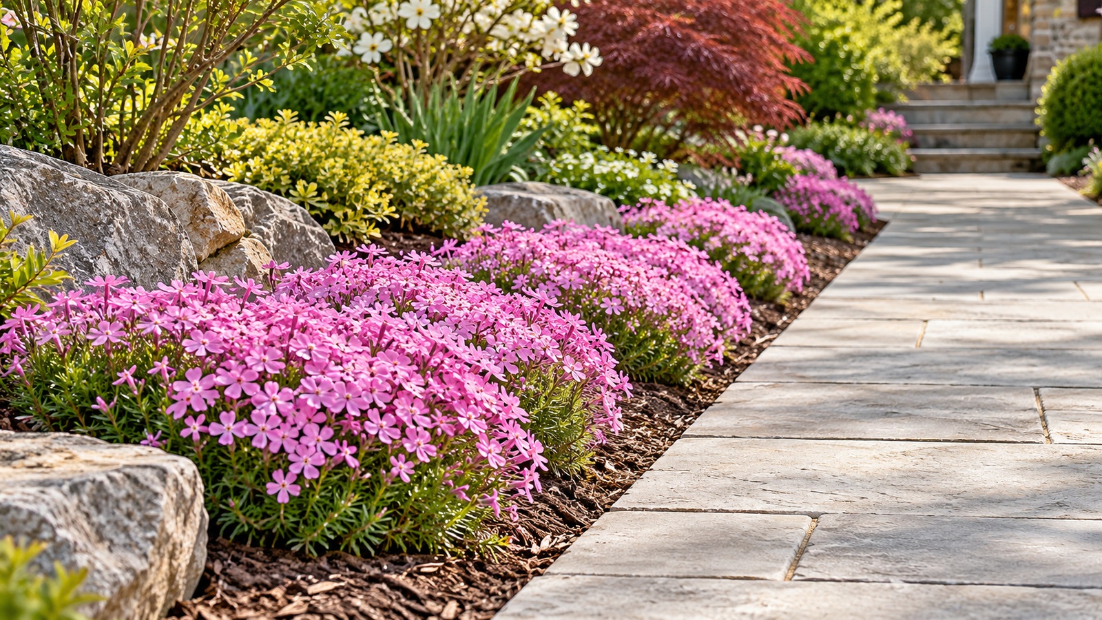 Pink moss phlox forming a low garden-side border beside a clear gray stone walkway.