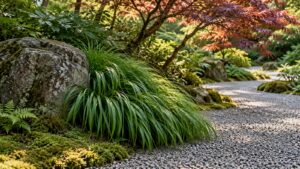 Cascading Japanese forest grass beside a natural stone and gravel path beneath filtered maple shade.