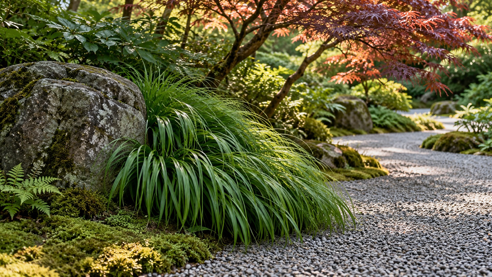Cascading Japanese forest grass beside a natural stone and gravel path beneath filtered maple shade.