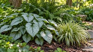 Silver brunnera leaves with green veins beside cream-striped sedge in a softly shaded garden.