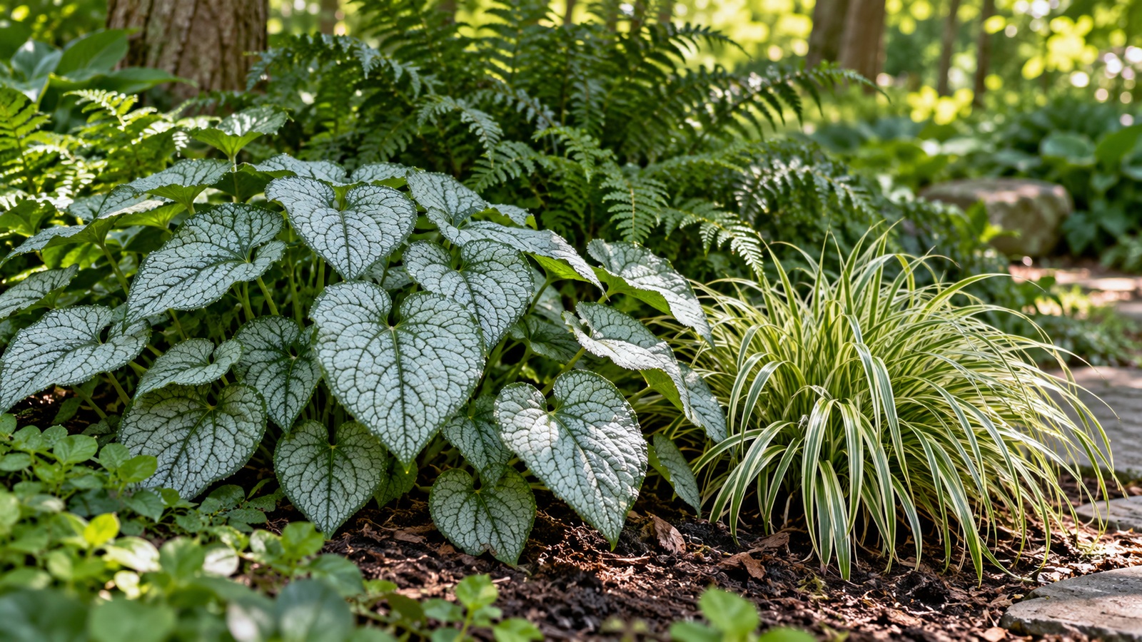 Silver brunnera leaves with green veins beside cream-striped sedge in a softly shaded garden.