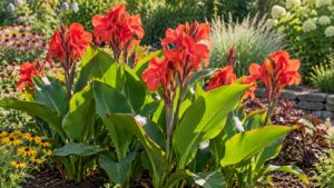 Coral-red canna flowers rising above broad green leaves in a sunny summer border.