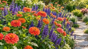 Coral-orange zinnias paired with violet annual salvia in a sunny garden border.