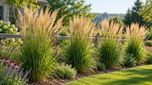 Upright feather reed grass clumps with green foliage and golden flower stems in a sunny border.