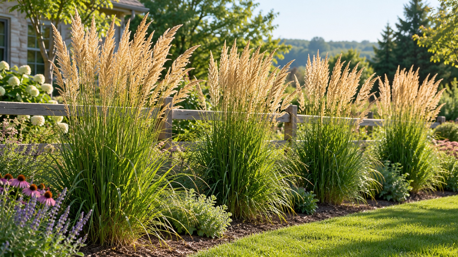 Upright feather reed grass clumps with green foliage and golden flower stems in a sunny border.
