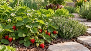 Ripe strawberries among low green foliage beside culinary thyme and accessible stepping stones.