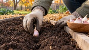 Gloved hands setting a papery garlic clove pointed end upward in an autumn raised bed.