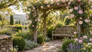 Blush climbing roses framing a sturdy wooden arbor beside a garden bench and clear stone path.