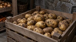 Unwashed homegrown potatoes with intact skins resting in a ventilated wooden cellar crate.