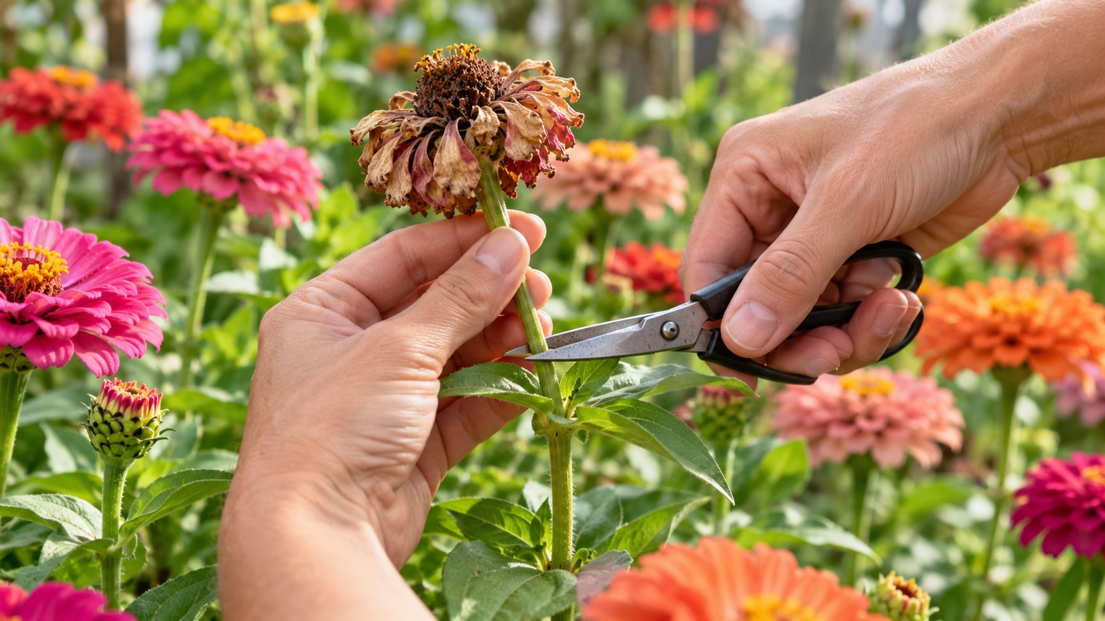 Garden scissors positioned above healthy zinnia leaves to remove a faded flower head.