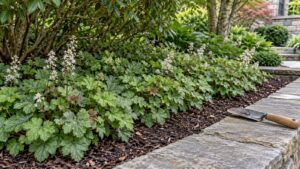 Established foamflower foliage covering a shaded shrub bed beside a clear maintenance margin.