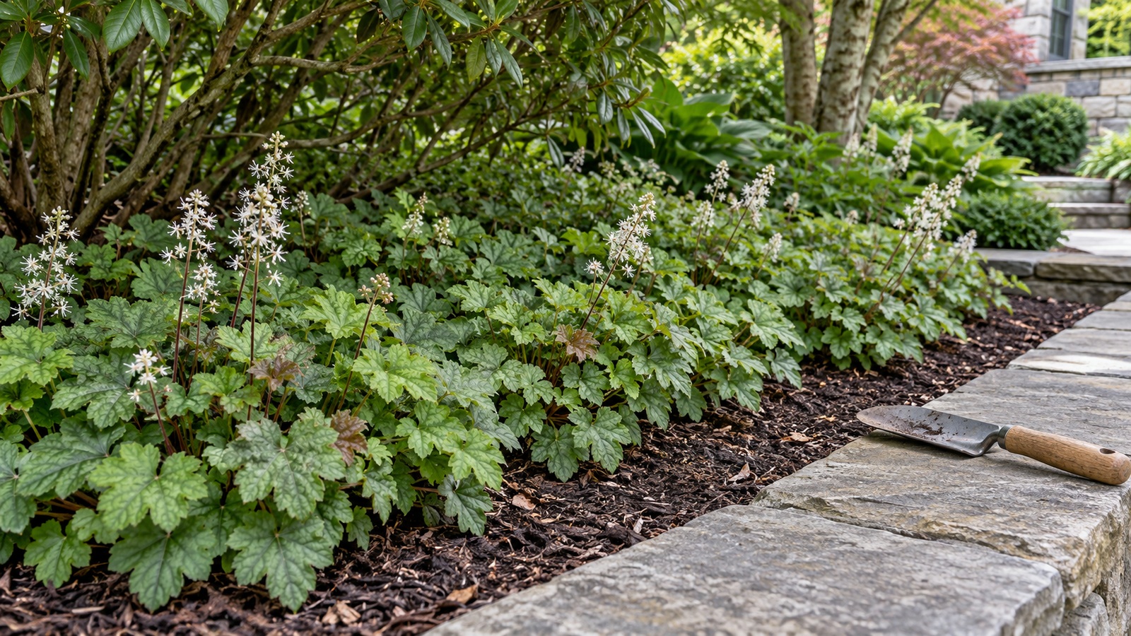 Established foamflower foliage covering a shaded shrub bed beside a clear maintenance margin.