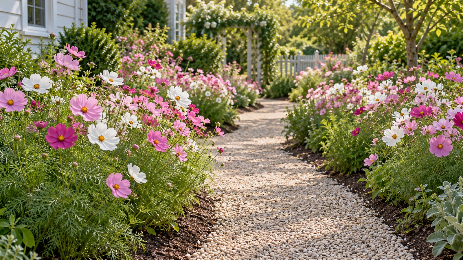 Repeated drifts of pink and white cosmos bordering a neatly edged gravel garden path.