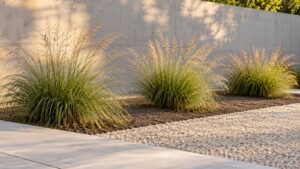 Three spaced prairie dropseed mounds beside pale gravel and a smooth concrete courtyard wall.