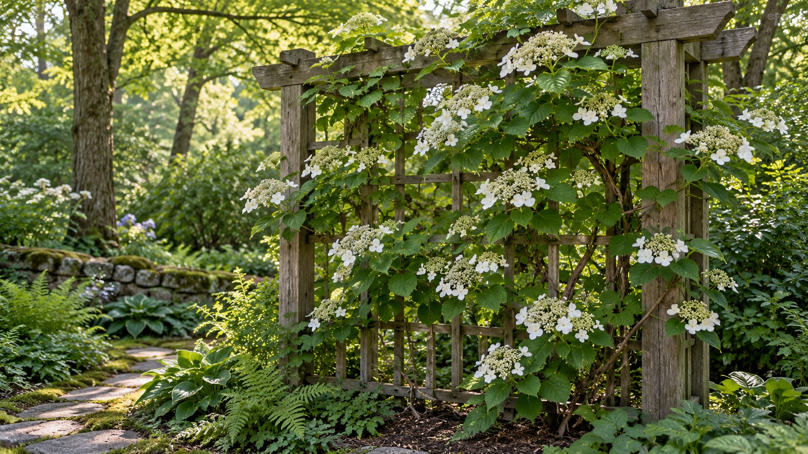 White climbing hydrangea flowers and green leaves on a sturdy support in dappled garden shade.