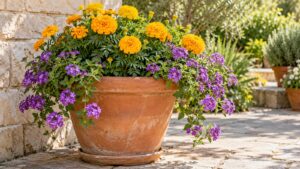 Compact golden marigolds and trailing purple verbena growing in a large terracotta patio pot.