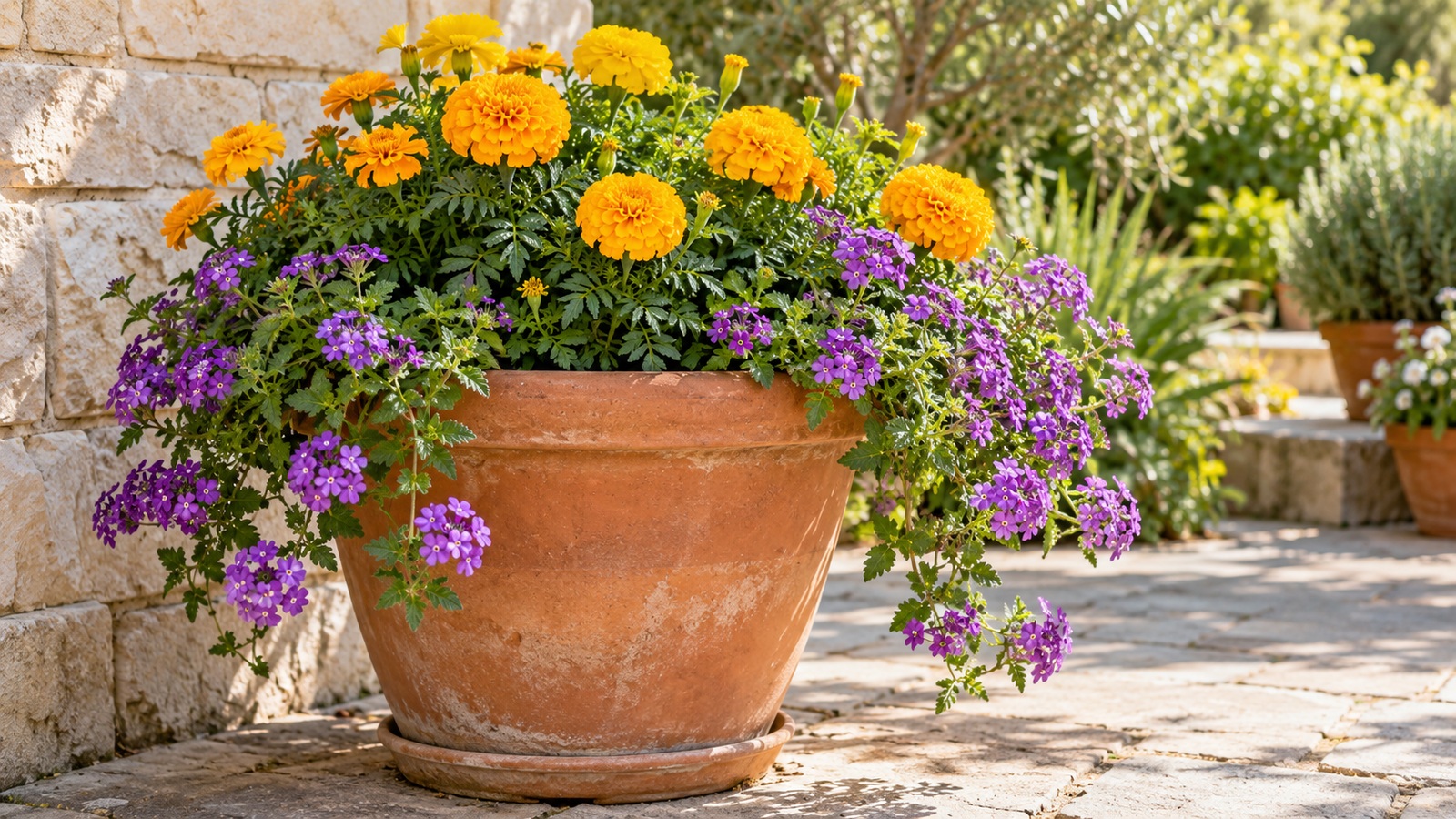 Compact golden marigolds and trailing purple verbena growing in a large terracotta patio pot.