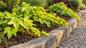 Chartreuse ornamental sweet potato vine spreading horizontally beside a low stone edge and clear margin.