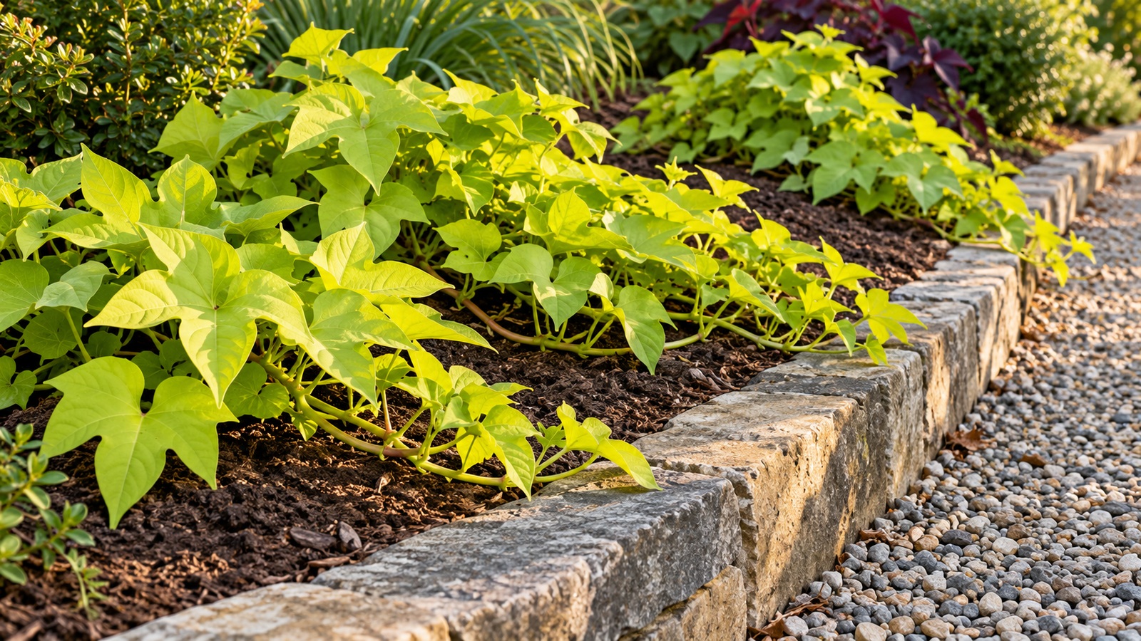 Chartreuse ornamental sweet potato vine spreading horizontally beside a low stone edge and clear margin.